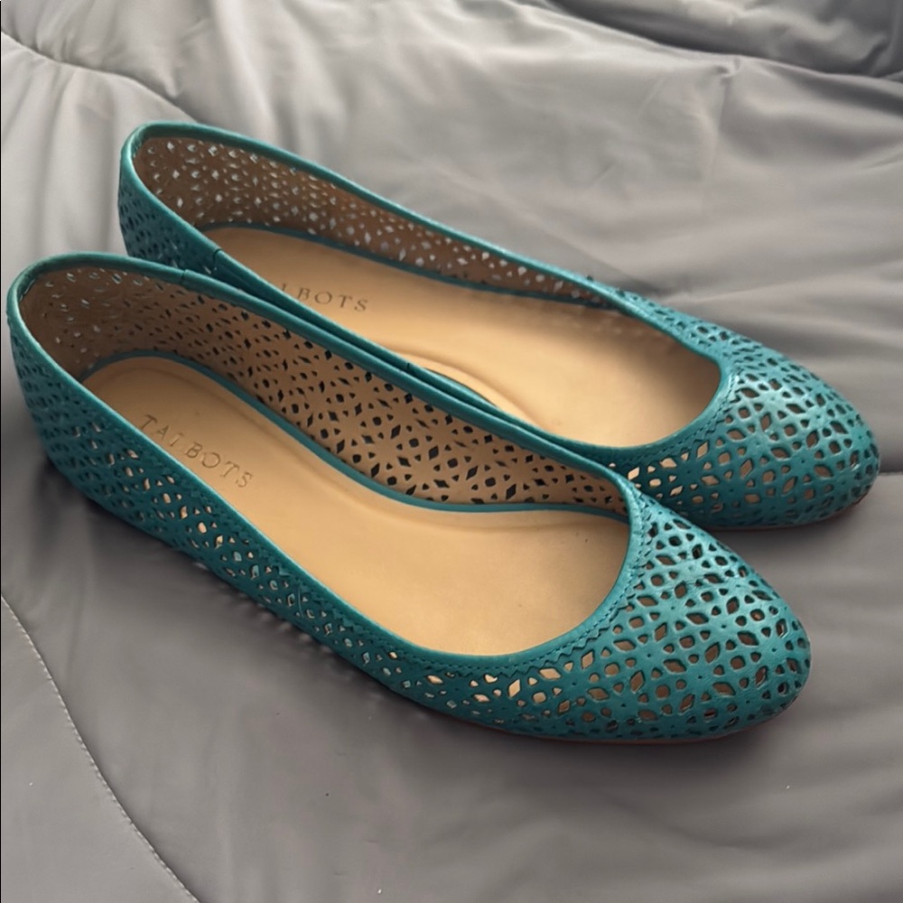 Talbots Teal Flats with Laser-Cut Design